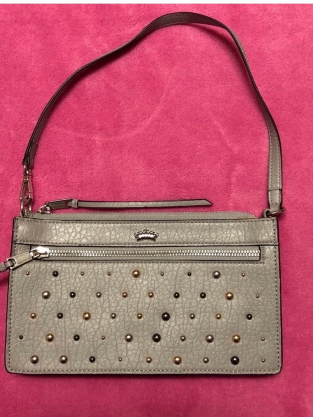 Juicy Couture Studded Light Gray Leather Wristlet Clutch